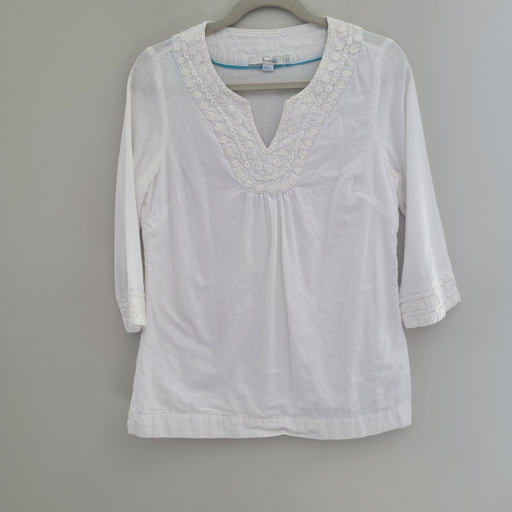 Boden White Embroidered 3/4 Sleeve Blouse